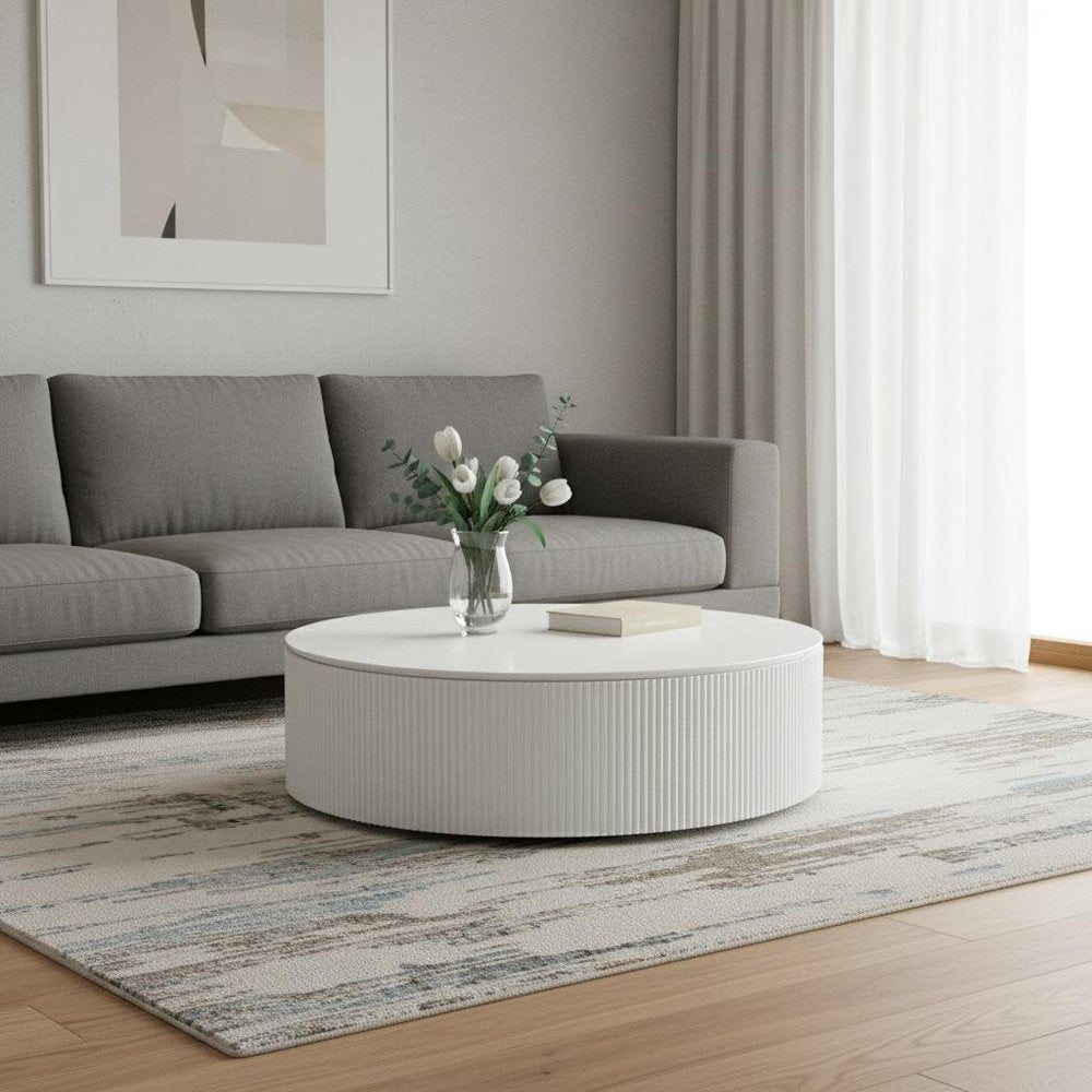 47" White Wood Round Drum Coffee Table