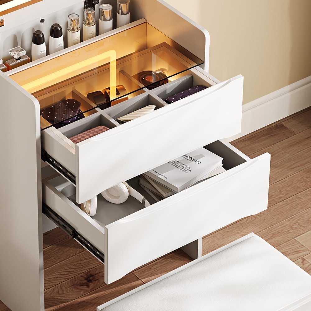 63" White Wood Lighted Mirrored Two Door Three Drawer Combo Dresser