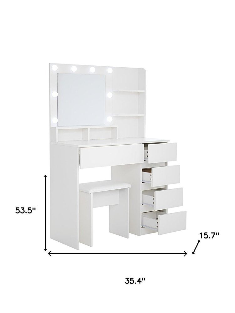 35" White Wood Five Drawer Vanity Table With Stool Mirror And Lights