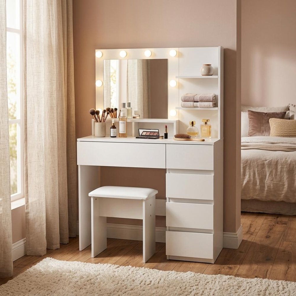 35" White Wood Five Drawer Vanity Table With Stool Mirror And Lights