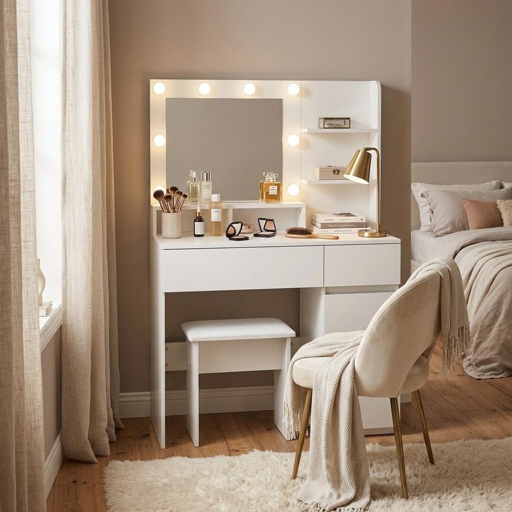 35" White Wood Five Drawer Vanity Table With Stool Mirror And Lights