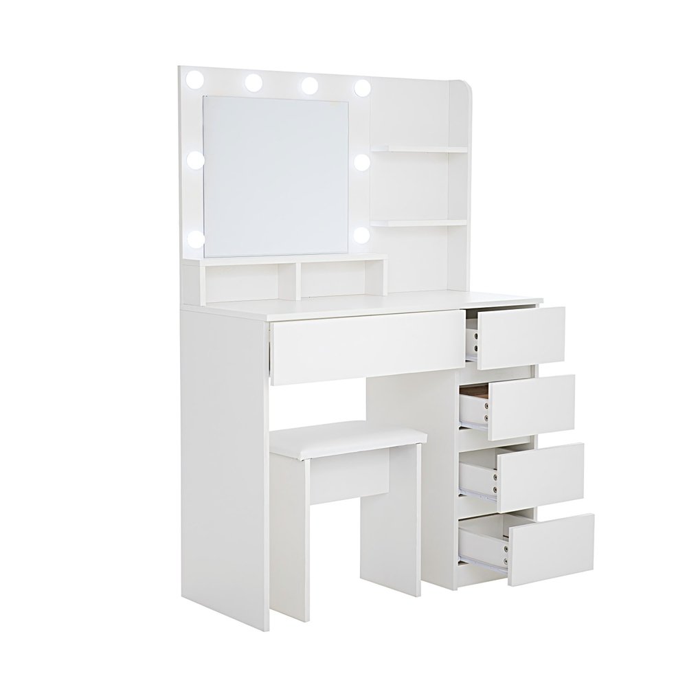 35" White Wood Five Drawer Vanity Table With Stool Mirror And Lights