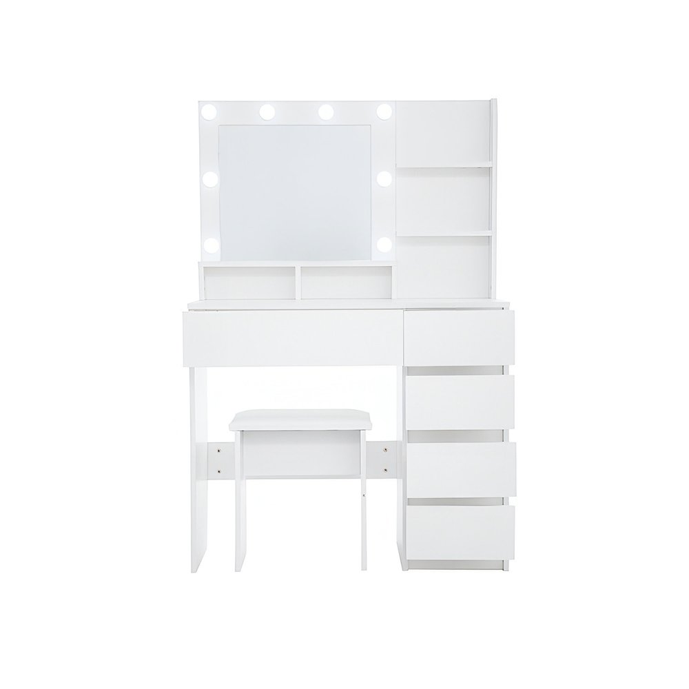35" White Wood Five Drawer Vanity Table With Stool Mirror And Lights