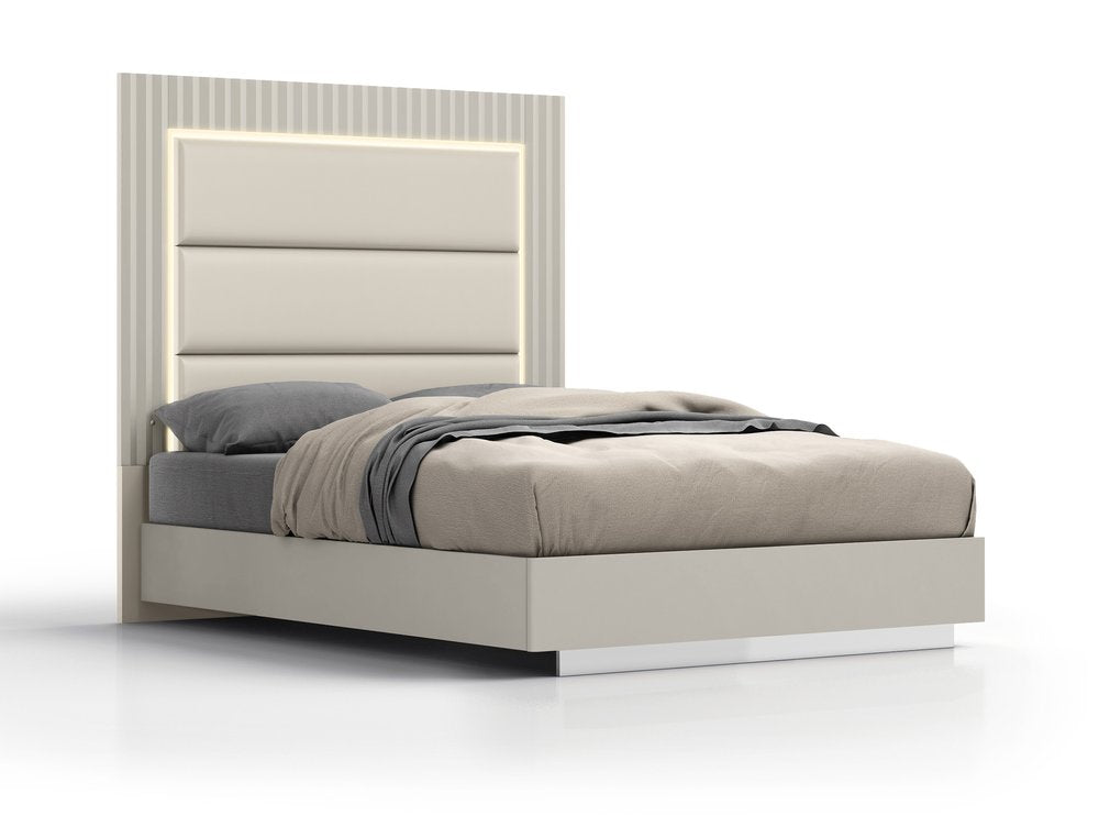 Gray Inlaid Panels Wood And Faux Leather Upholstered Queen Bed Frame