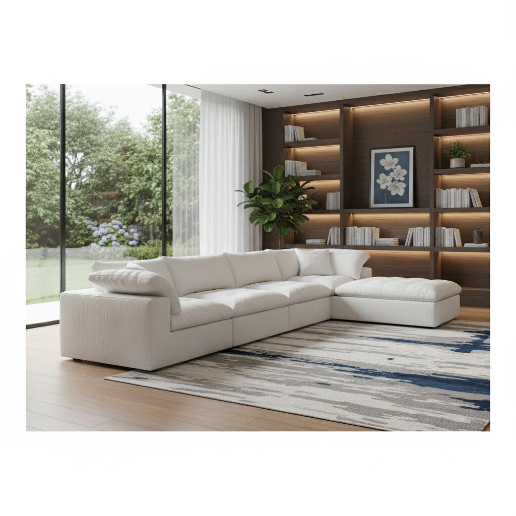 160" White Linen Blend Modular Sofa With Ottoman And Storage