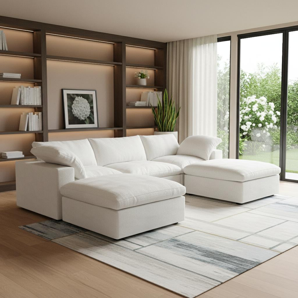 120" White Linen Blend Modular Universal Sofa With Ottoman And Storage