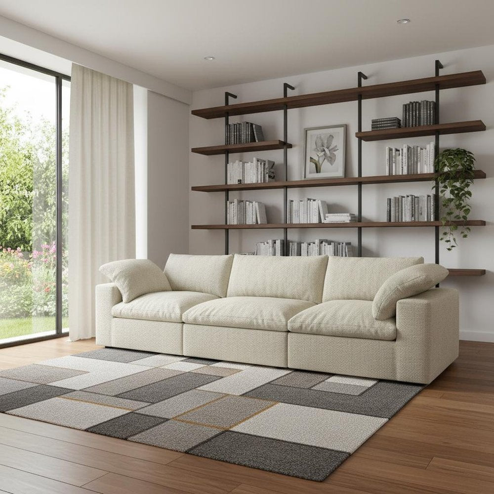 120" Khaki Linen Blend Modular Sofa With Toss Pillows