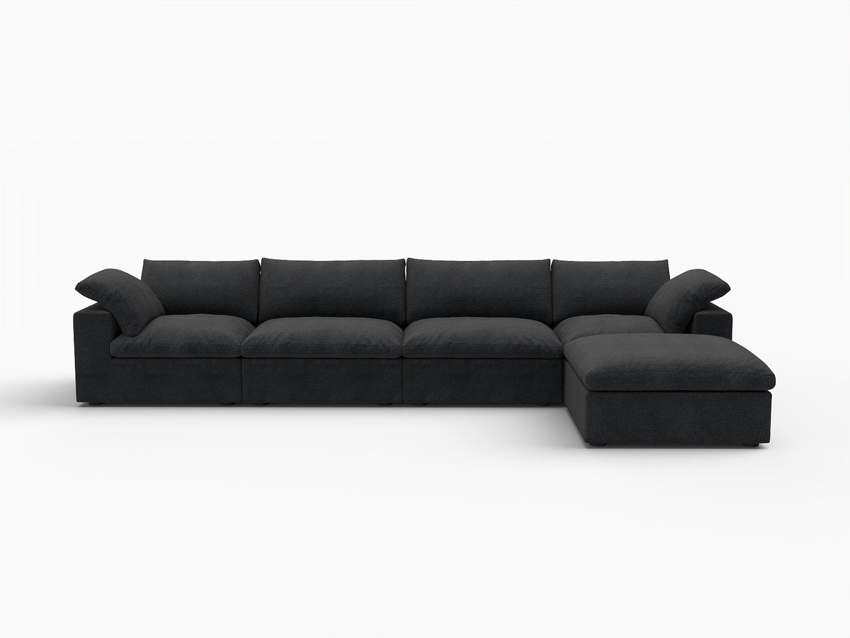 160" Black Linen Blend Modular Right Sofa With Ottoman And Toss Pillows