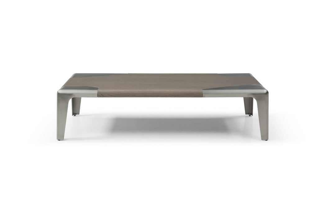 57" Light Gray and Silver Wood and Stainless Steel Coffee Table
