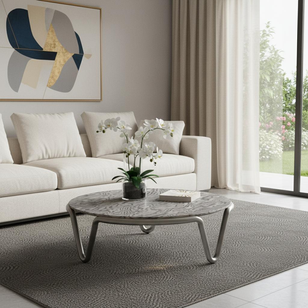 43" Gray and Silver Wood and Stainless Steel Round Coffee Table