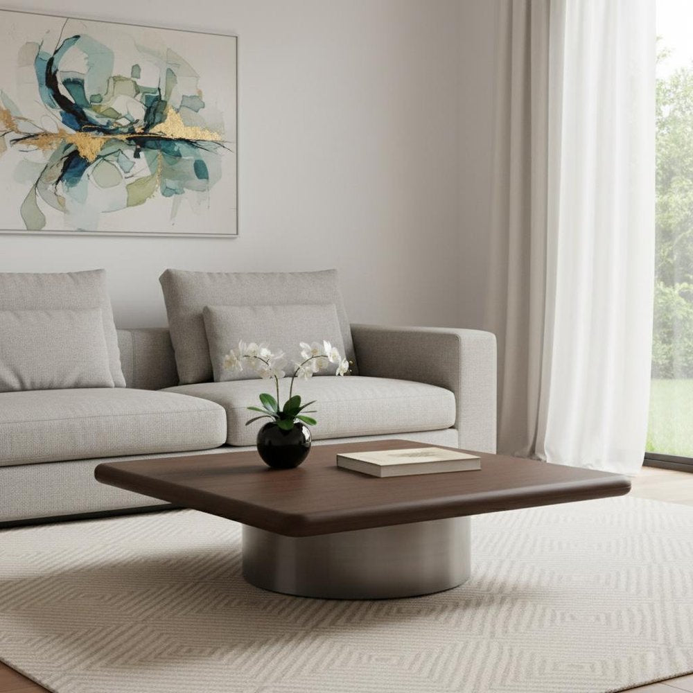 39" Brown and Silver Wood and Stainless Steel Square Pedestal Coffee Table