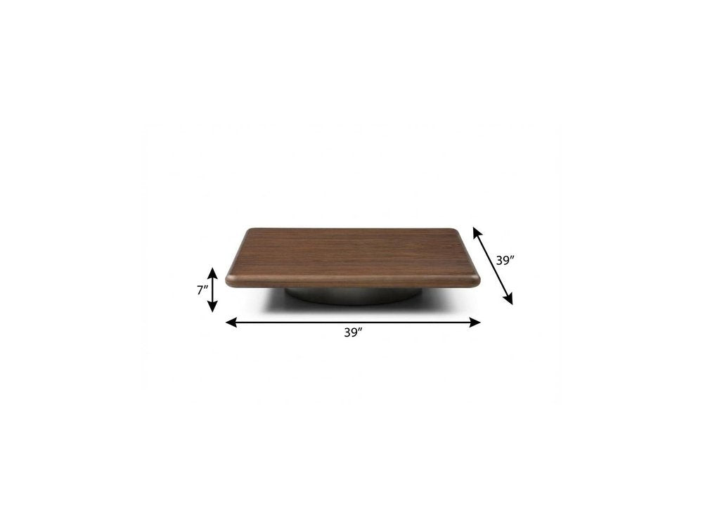 39" Brown and Silver Wood and Stainless Steel Square Pedestal Coffee Table