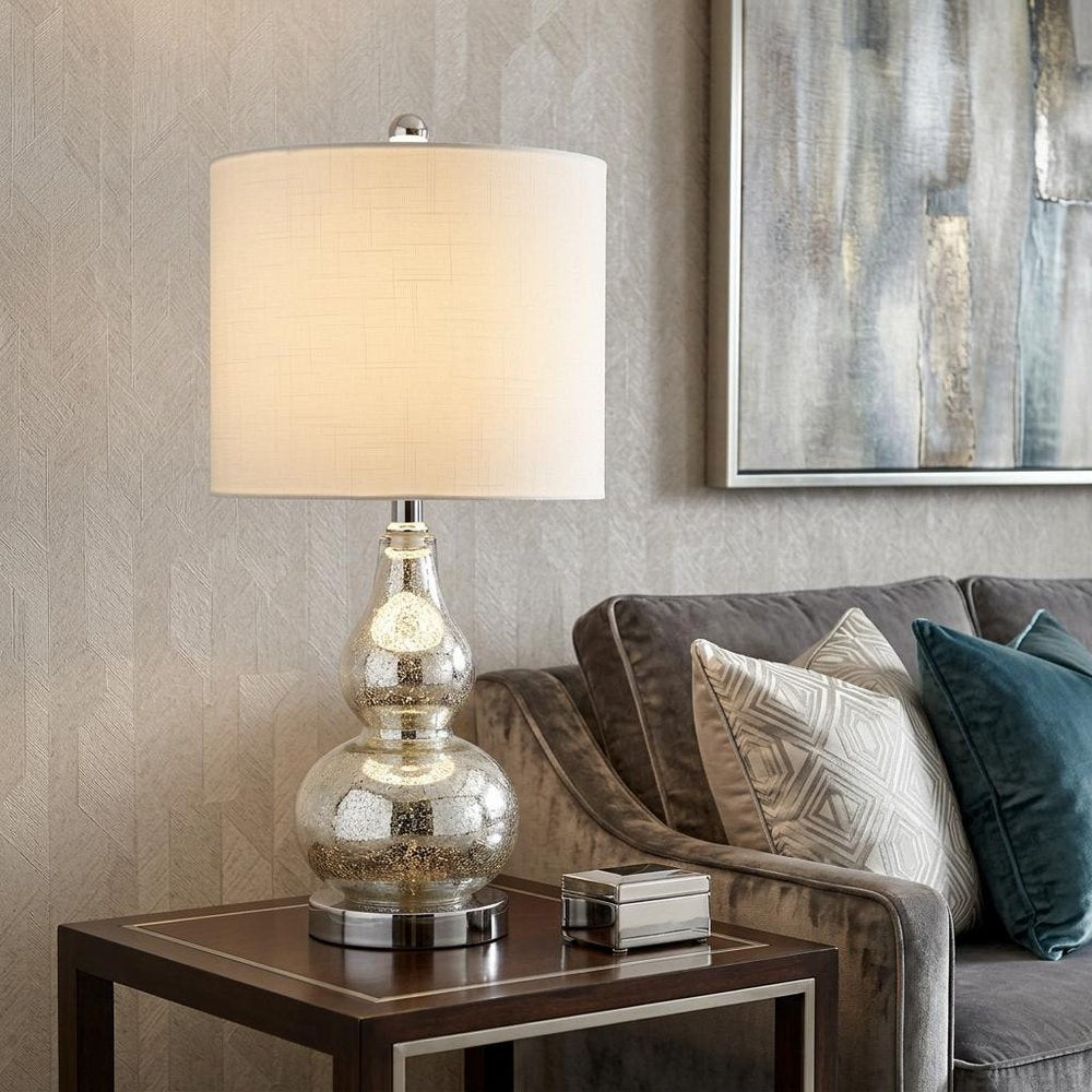 21" Silver Gourd Desk Lamp With Drum Shade