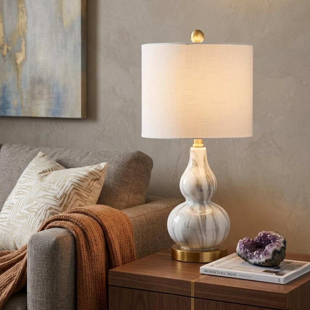 21" Gold Gourd Table Lamp With Drum Shade
