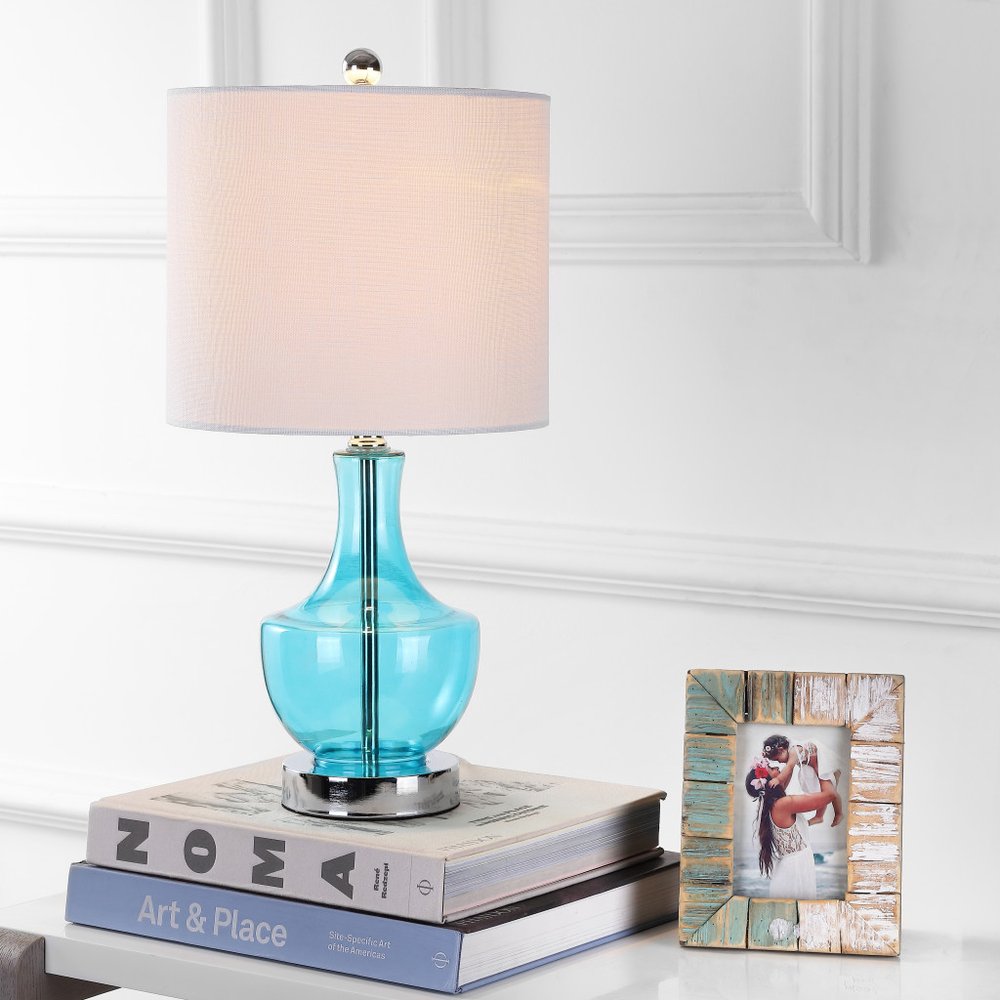 20" Turquoise And Silver Glass Gourd Table Lamp With Drum Shade