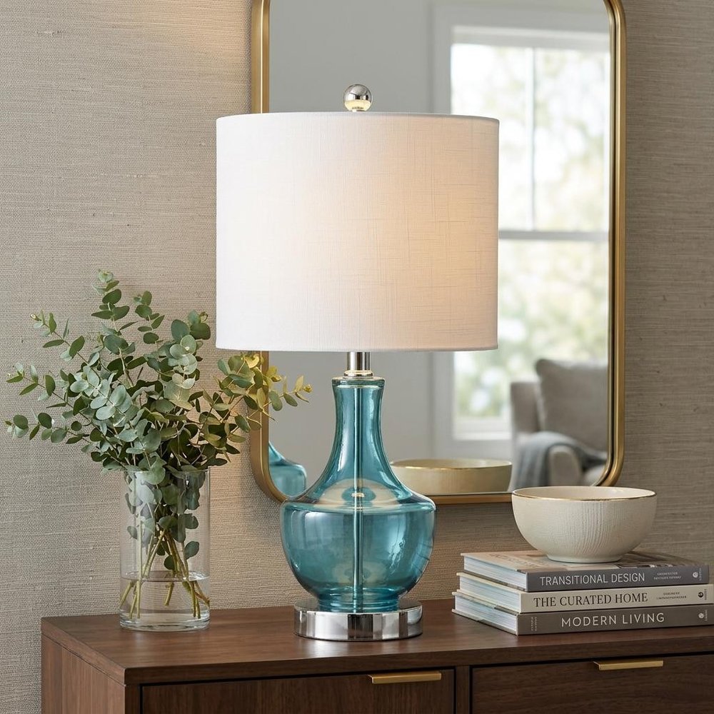 20" Turquoise And Silver Glass Gourd Table Lamp With Drum Shade