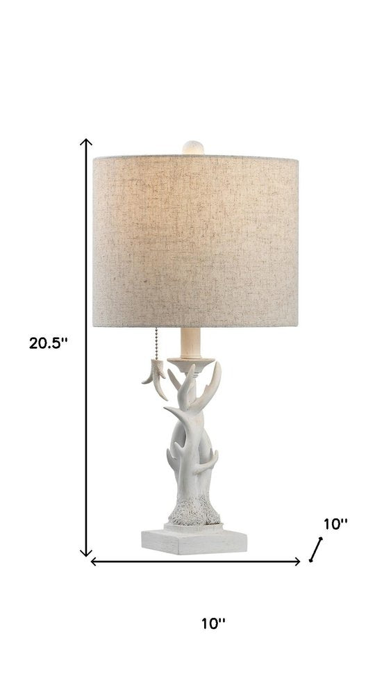 21" Antiqued White Antlers Desk Lamp With Drum Shade