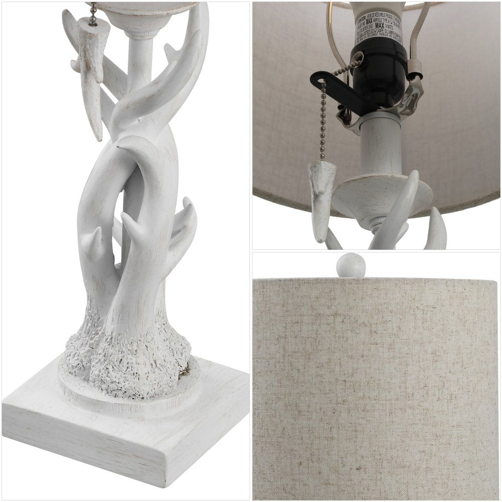 21" Antiqued White Antlers Desk Lamp With Drum Shade