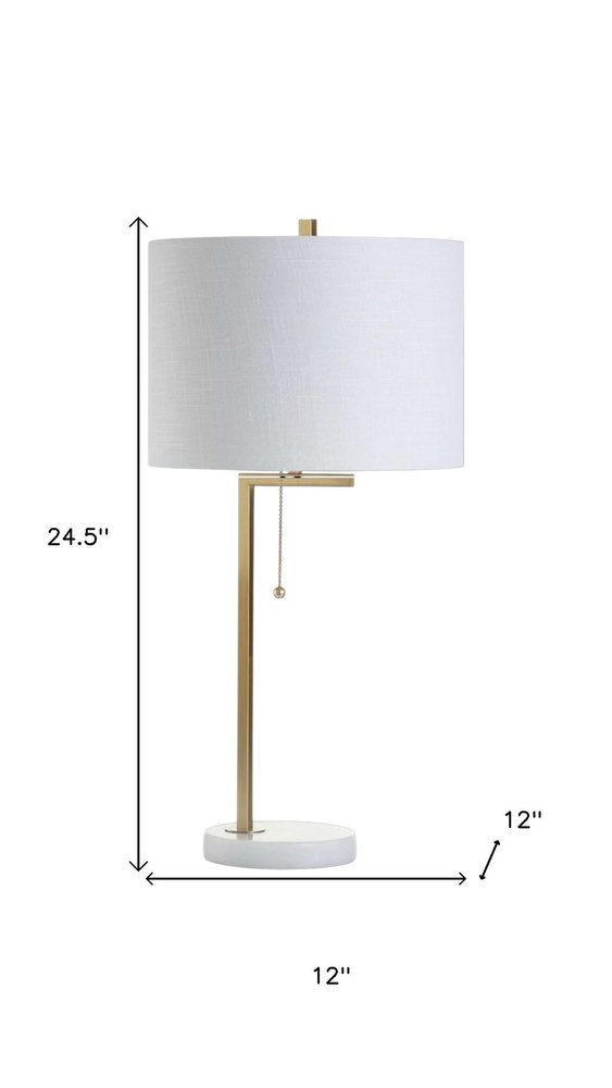 25" Brass And White Round Table Lamp With Drum Shade