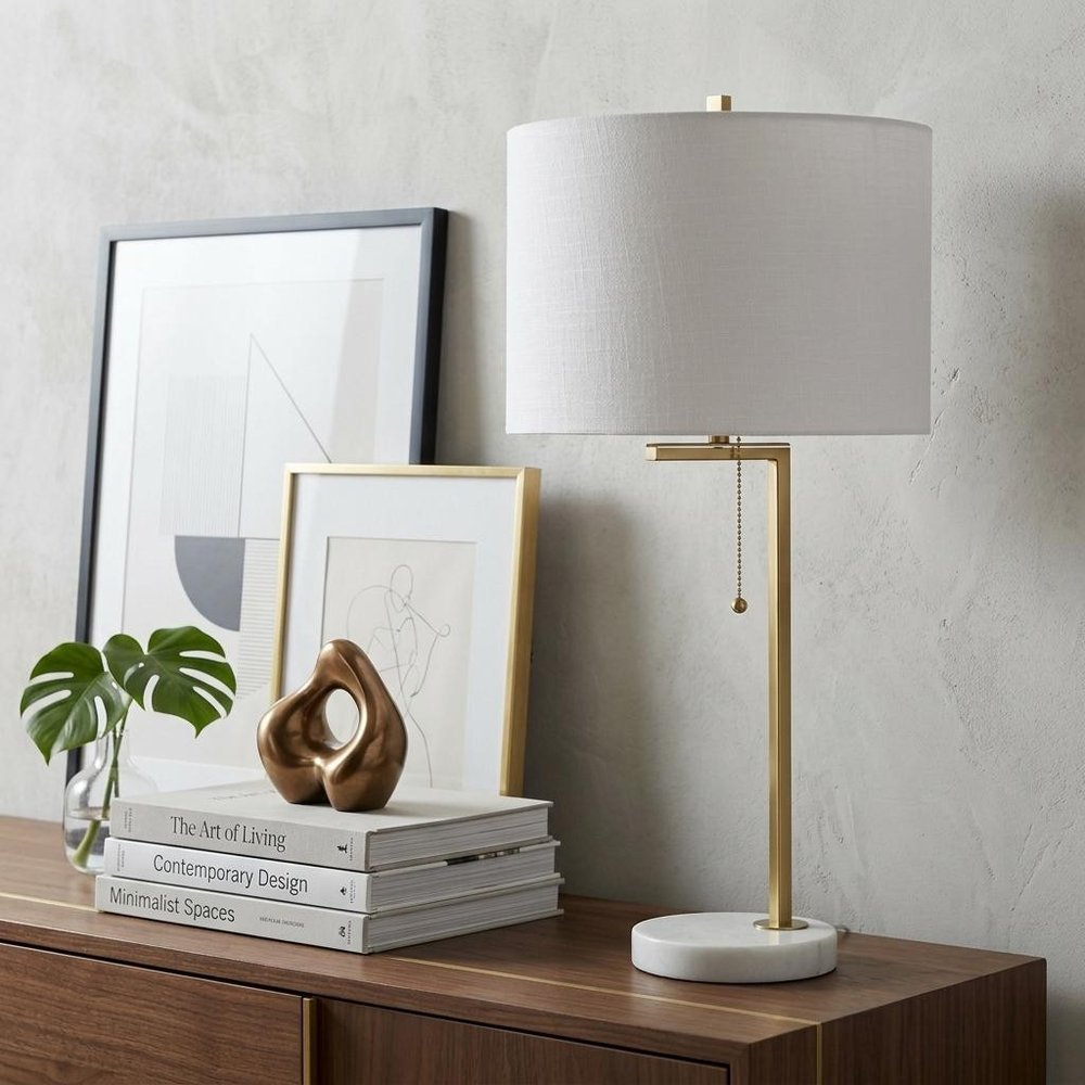 25" Brass And White Round Table Lamp With Drum Shade