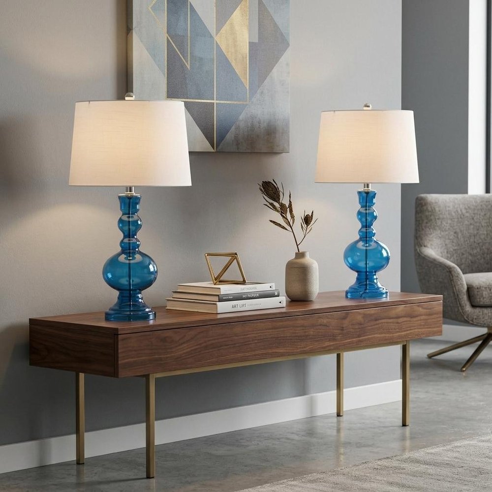 Set of Two 29" Blue Curved Body Glass Table Lamps With Drum Shades