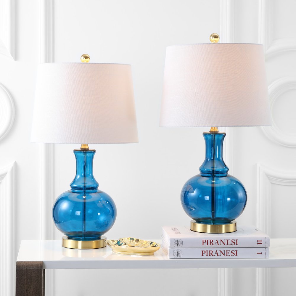 Set of Two 25" Gold Novelty Table Lamps With Drum Shades