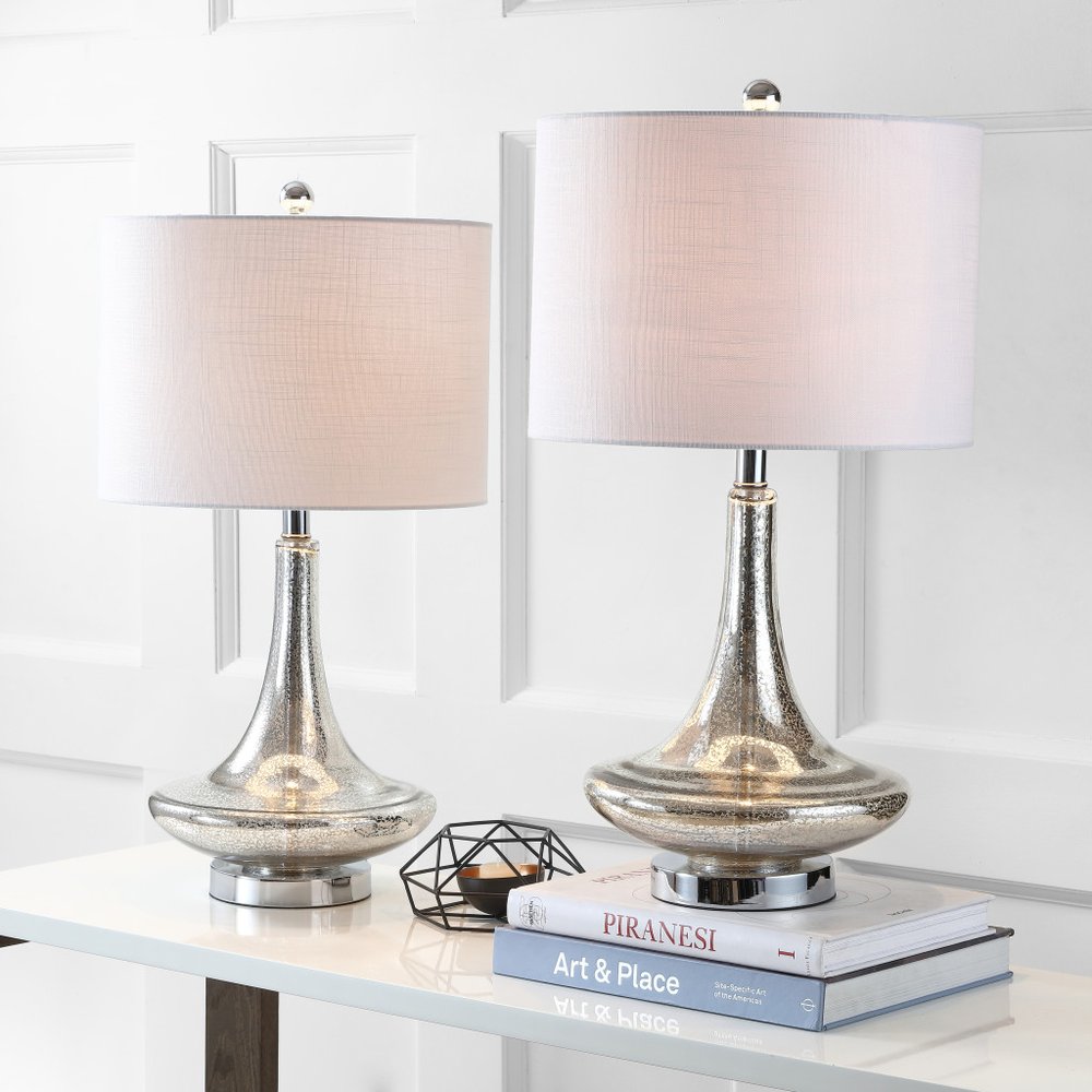 Set of Two 26" Silver Novelty Table Lamps With Drum Shades