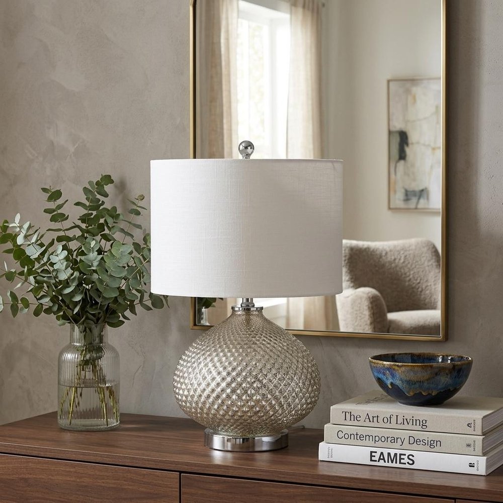 23" Silver Round Table Lamp With Drum Shade