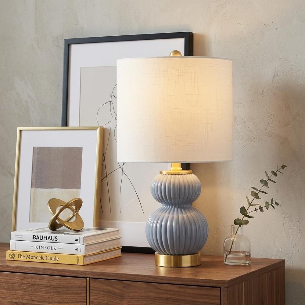 20" Gold Gourd Table Lamp With Drum Shade