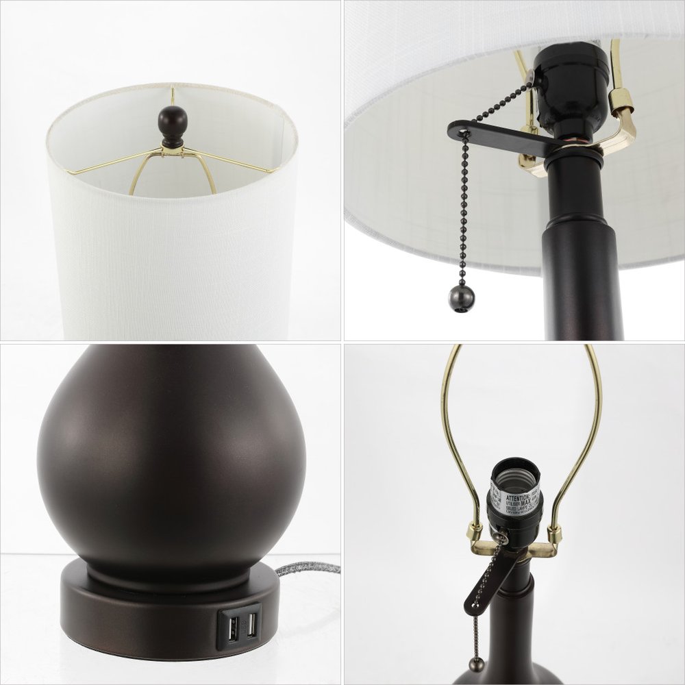 Set of Two 24" Antiqued Bronze Gourd Table Lamps With Drum Shades