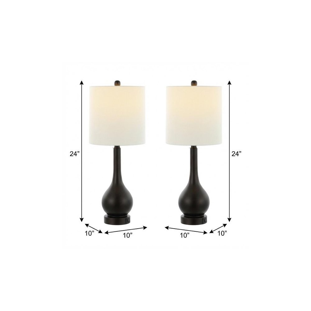 Set of Two 24" Antiqued Bronze Gourd Table Lamps With Drum Shades