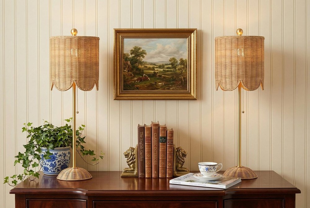 Set of Two 28" Brown Table Lamps With Drum Shades