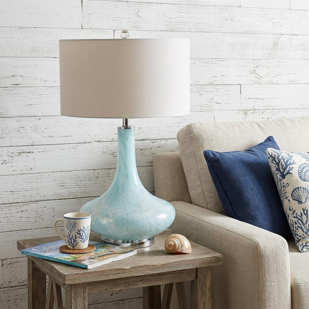 29" Light Blue And Clear Teardrop Glass Table Lamp With Drum Shade