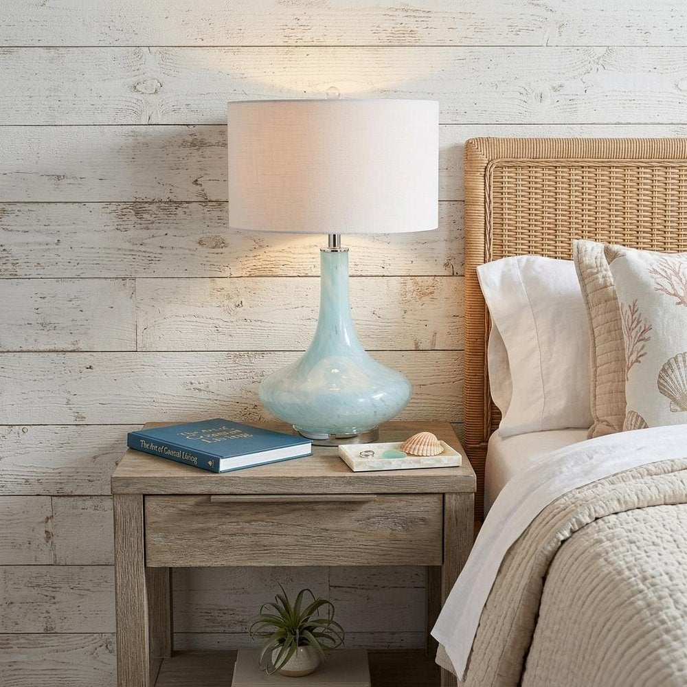 29" Light Blue And Clear Teardrop Glass Table Lamp With Drum Shade