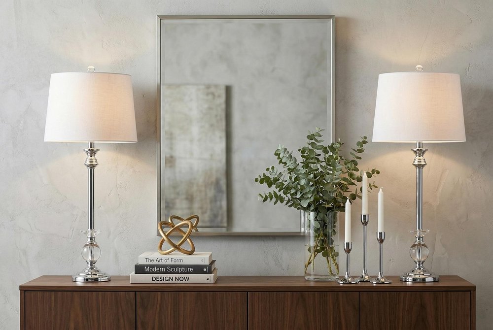 Set of Two 33" Silver Table Lamps With Drum Shades