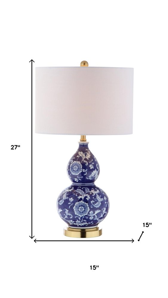 27" Blue Gold And White Novelty Table Lamp With Drum Shade