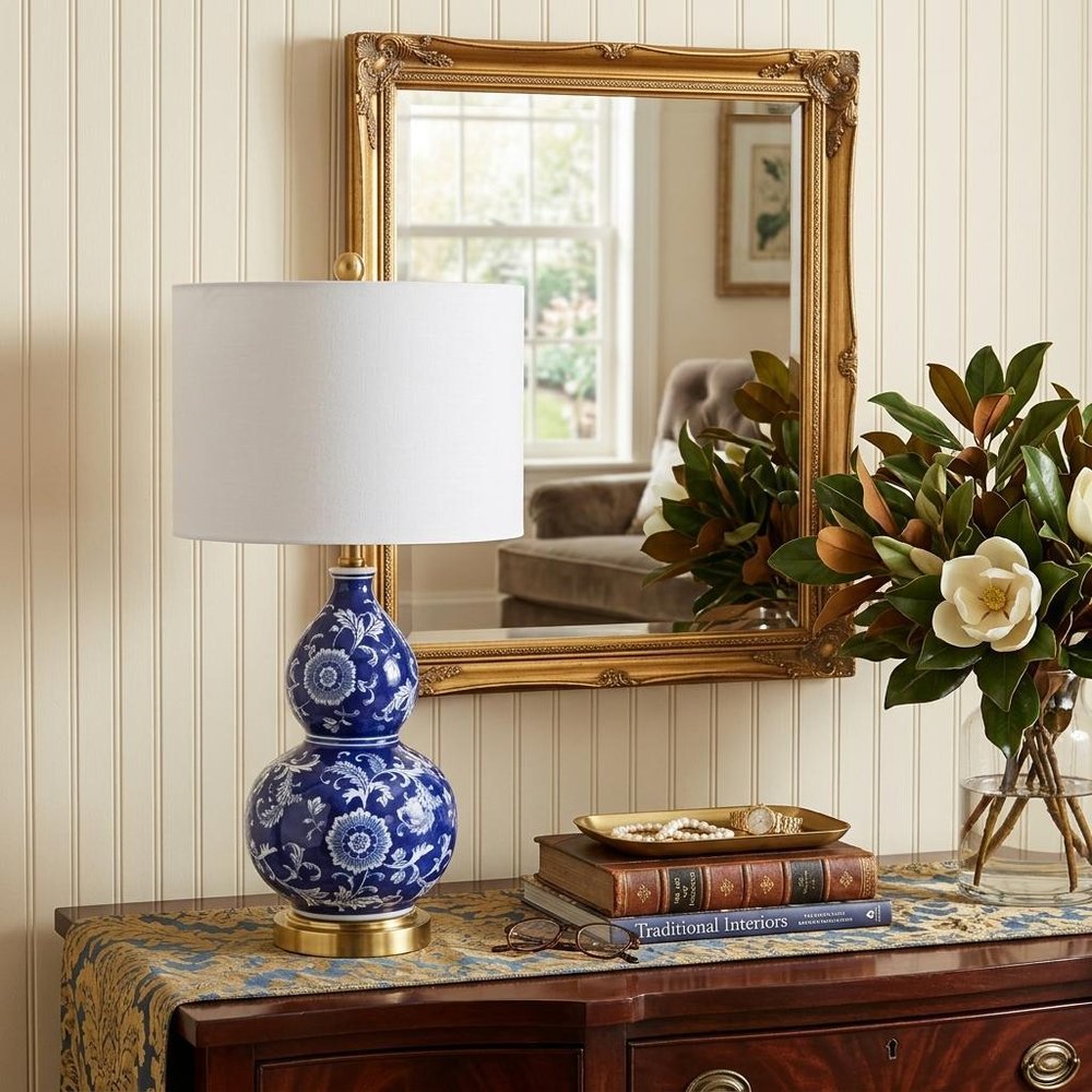 27" Blue Gold And White Novelty Table Lamp With Drum Shade