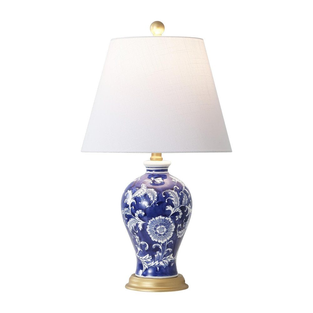 24" Blue Gold And White Urn Bedside Lamp With Empire Shade
