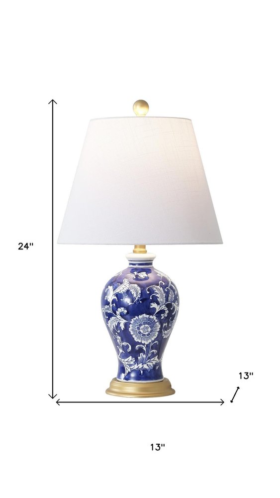 24" Blue Gold And White Urn Bedside Lamp With Empire Shade
