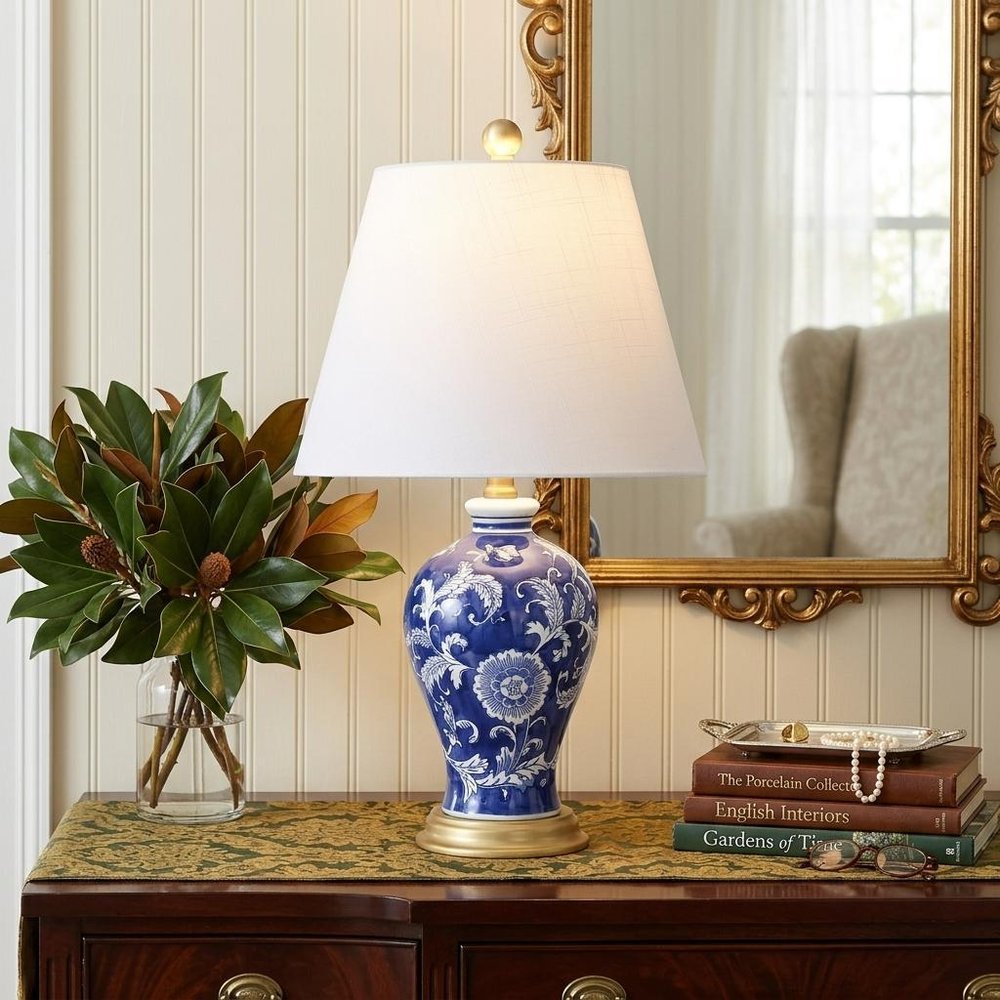 24" Blue Gold And White Urn Bedside Lamp With Empire Shade