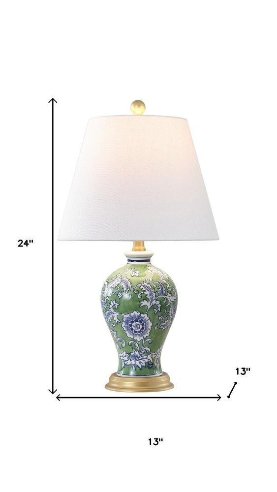 24" Green And Gold Urn Table Lamp With Empire Shade