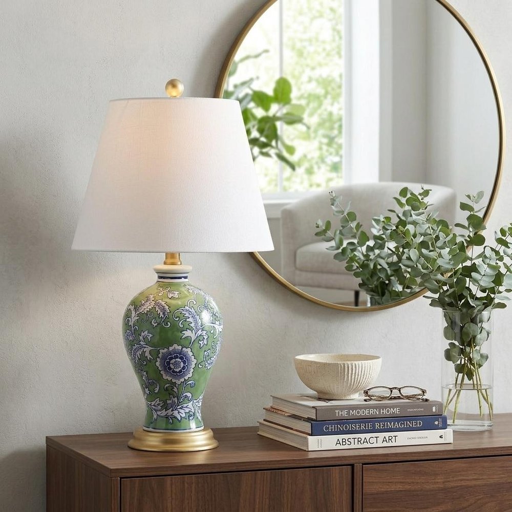24" Green And Gold Urn Table Lamp With Empire Shade