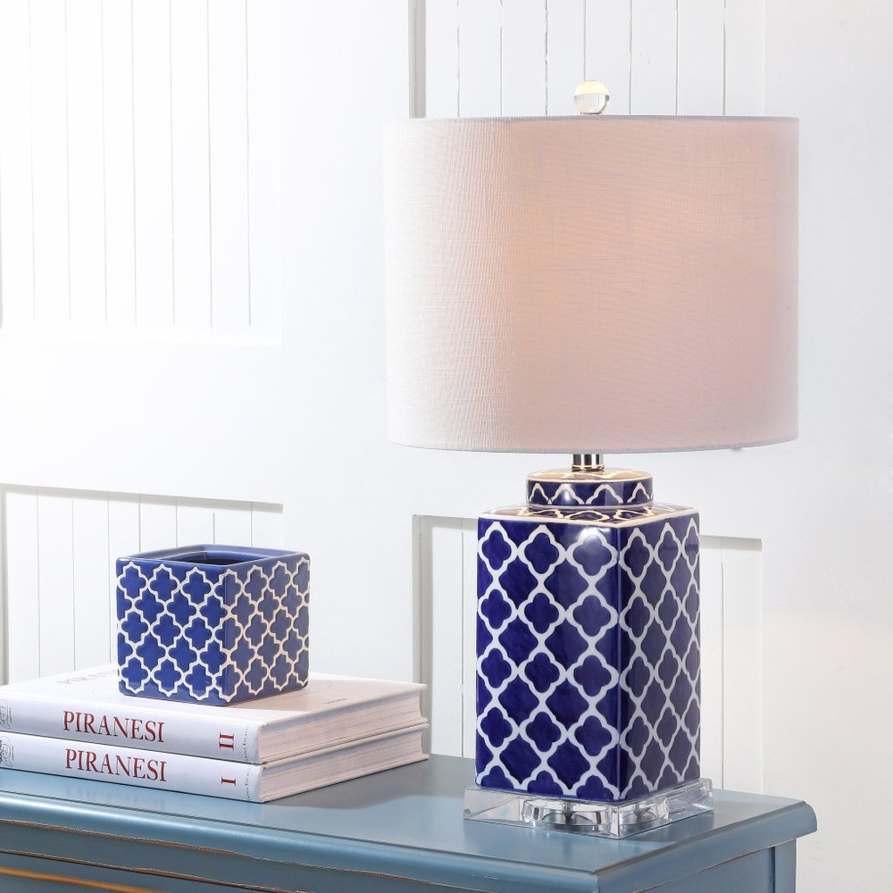 23" Clear Navy Blue And White Geometric Table Lamp With Drum Shade