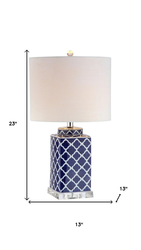 23" Clear Navy Blue And White Geometric Table Lamp With Drum Shade