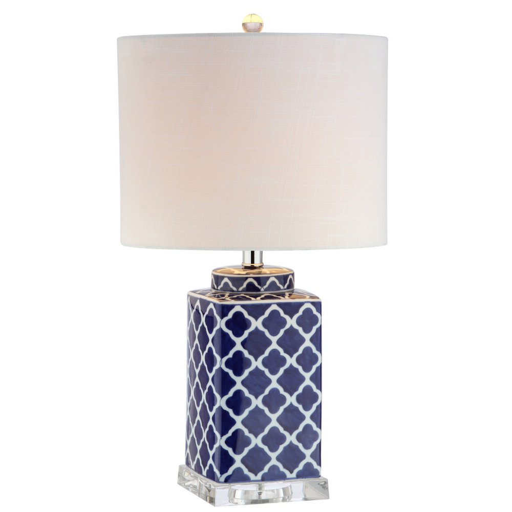 23" Clear Navy Blue And White Geometric Table Lamp With Drum Shade