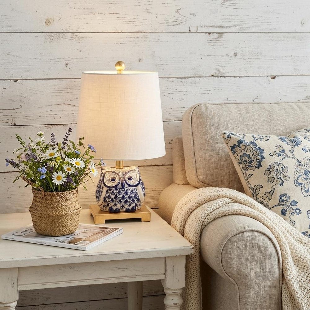 16" Blue Gold And White Novelty Table Lamp With Empire Shade