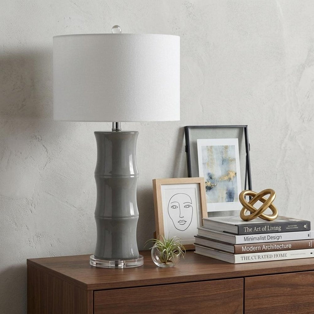 27" Gray And Clear Gourd Bedside Lamp With Drum Shade