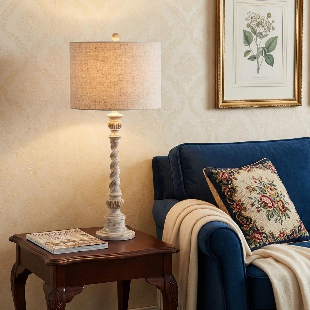 33" White Table Lamp With Drum Shade