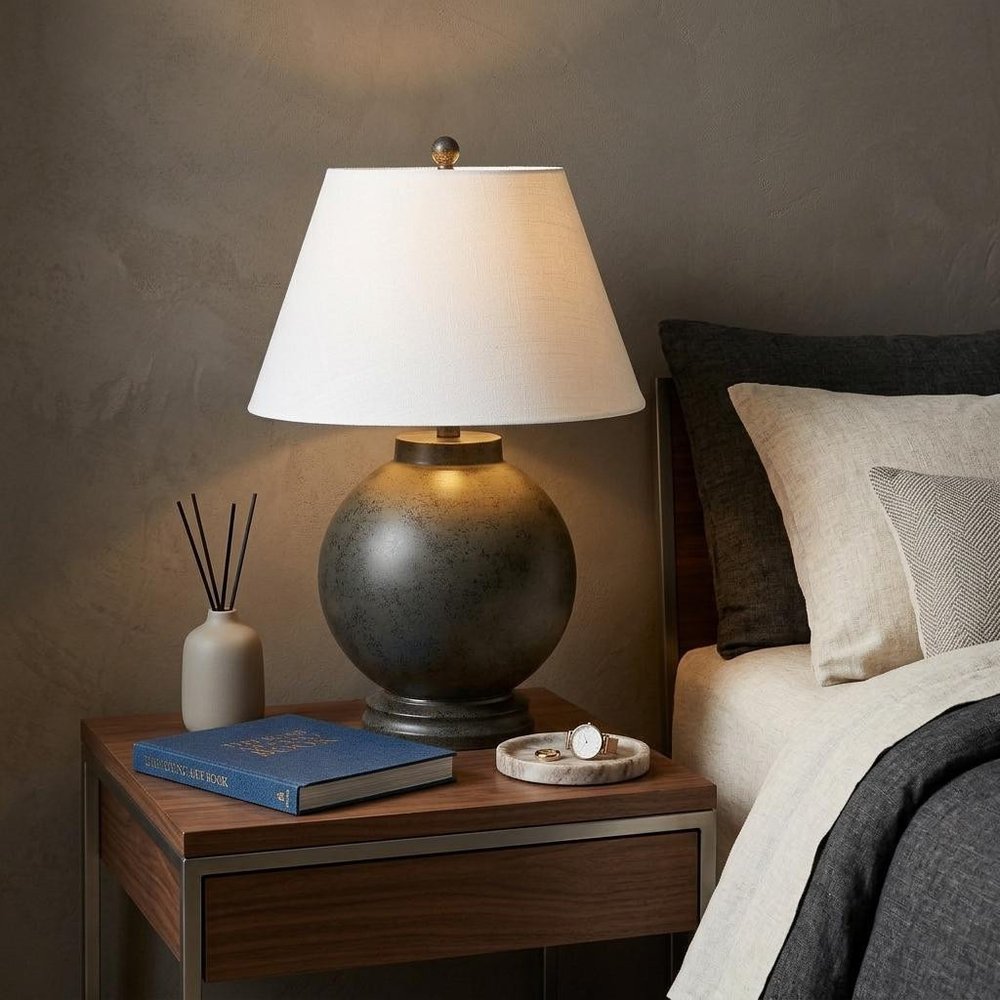 26" Dark Gray Novelty Table Lamp With Drum Shade