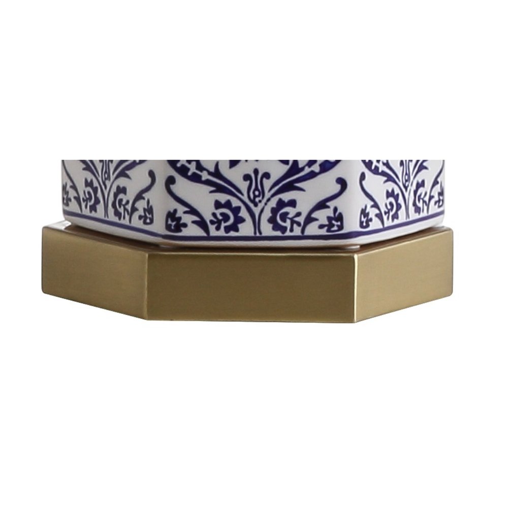 24" Navy Blue Gold And White Table Lamp With Drum Shade